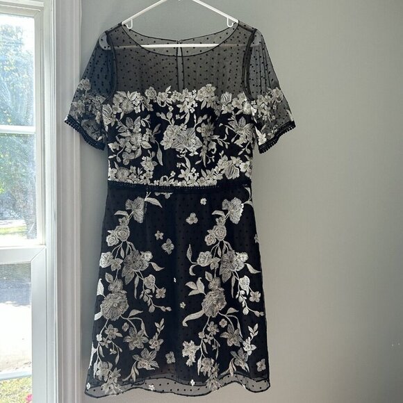 Marchesa Notte Dress Floral Embroidered Polka Dot Balck Cocktail Short Sleeve 10 - Picture 1 of 12